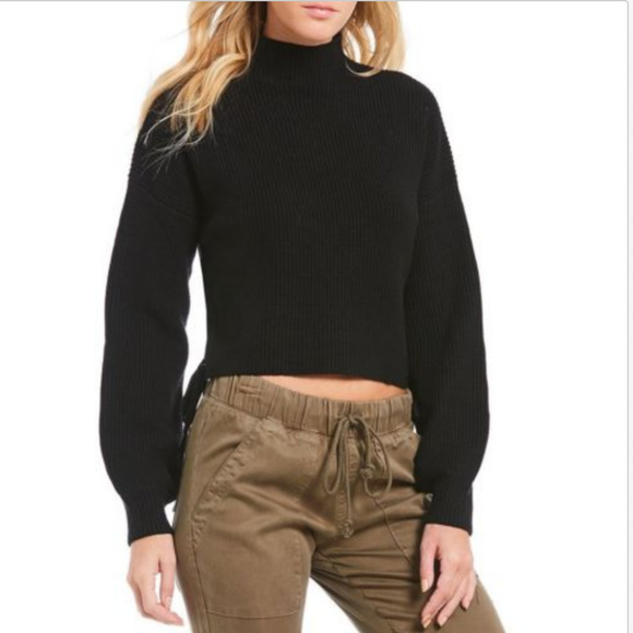 Monk Neck Lace Up Side Black Sweater - Picture 2 of 3